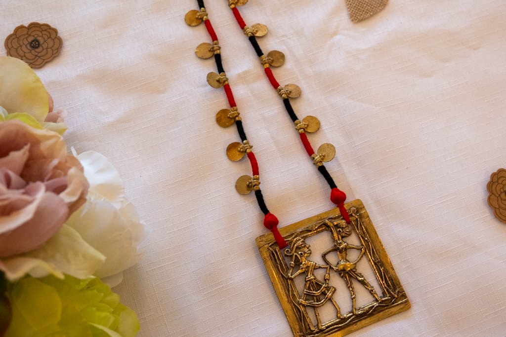Handmade Dhokra Dance Motif Necklace – Brass Pendant with Red-Black Cord