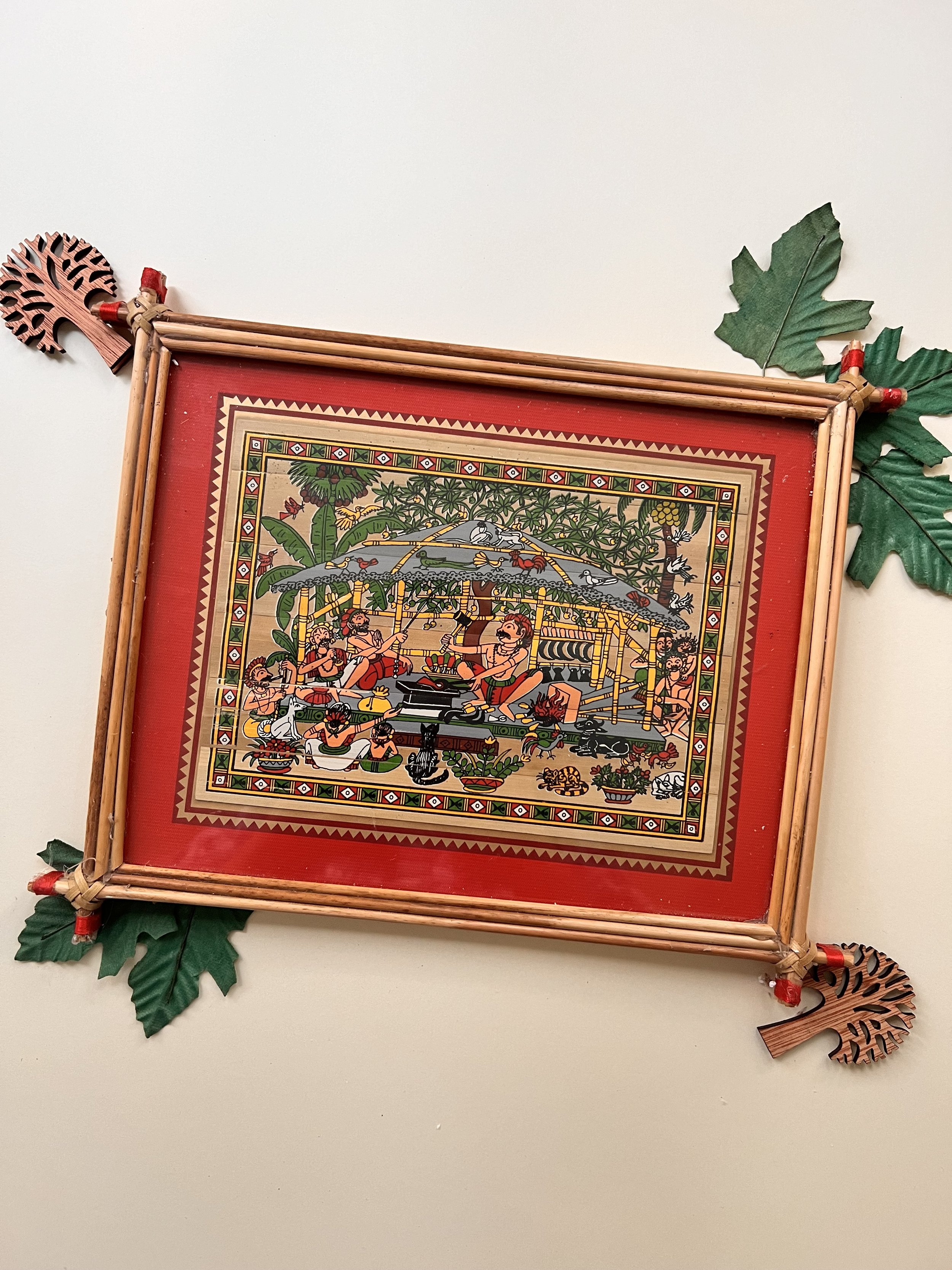 Handmade Pattachitra Village Celebration Painting – Bamboo Frame