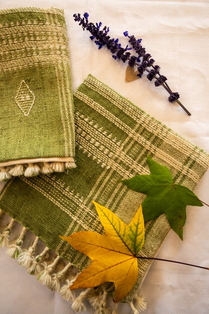 Handwoven Bhujodi Wool Cushion Cover – Sage Green with Ivory Motifs & Tassels