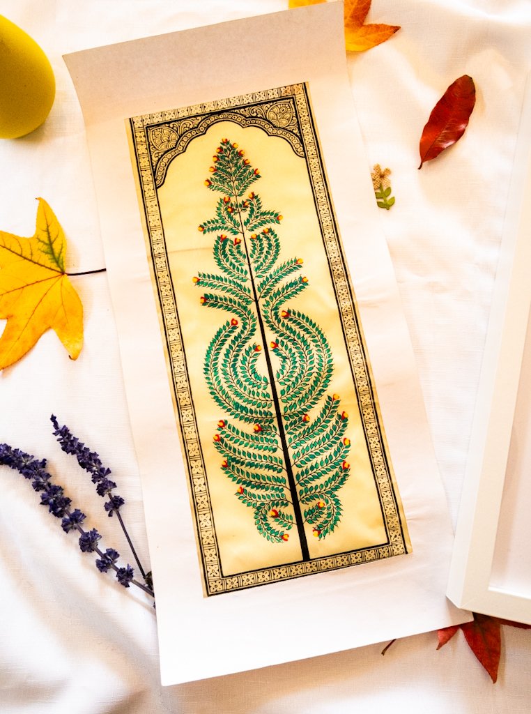 Handmade Pattachitra Painting – Traditional Leaf Motif in Green & Gold