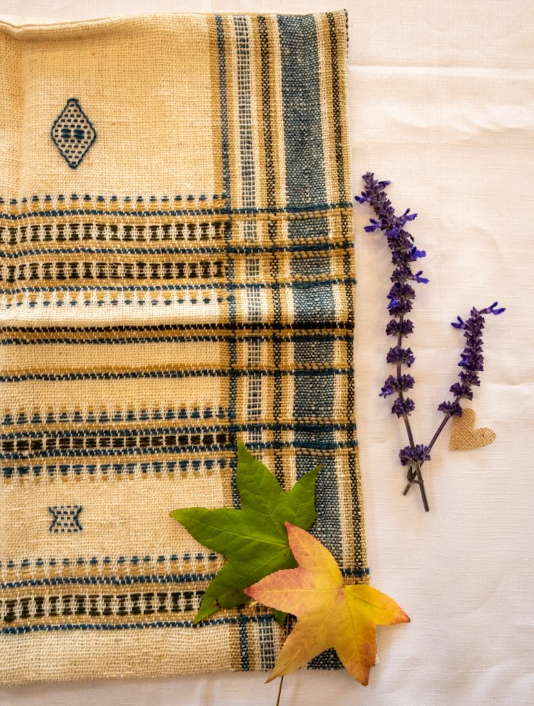 Handwoven Bhujodi Wool Cushion Cover – Natural Ivory with Indigo & Mustard Motifs
