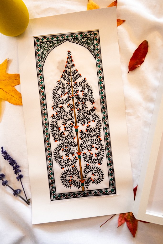 Handmade Pattachitra Painting – Intricate Black Leaf Motif with Green & Orange Accents