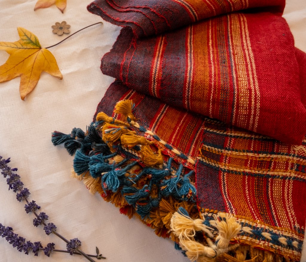 Handwoven Bhujodi Wool Throw – Deep Red with Multicolour Kutch Motifs & Tassels