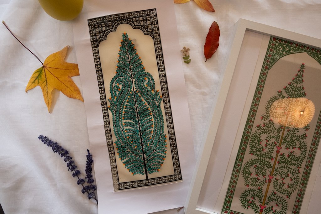 Handmade Pattachitra Painting – Intricate Green Leaf Motif with Orange Accents