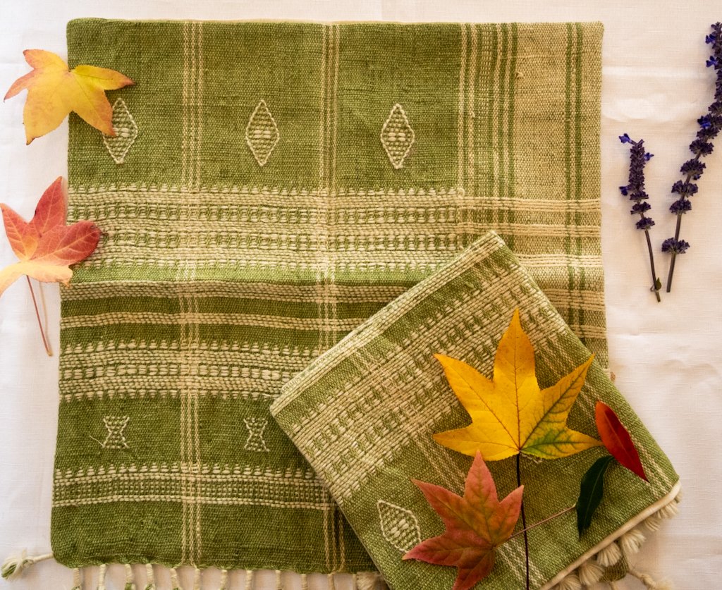 Handwoven Bhujodi Wool Cushion Cover – Sage Green with Ivory Motifs & Tassels