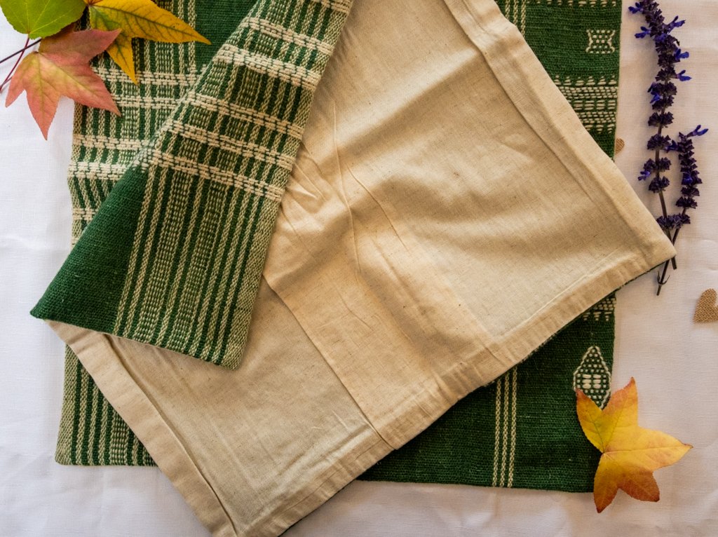 Handwoven Bhujodi Wool Cushion Cover – Forest Green with Ivory Kutch Motifs