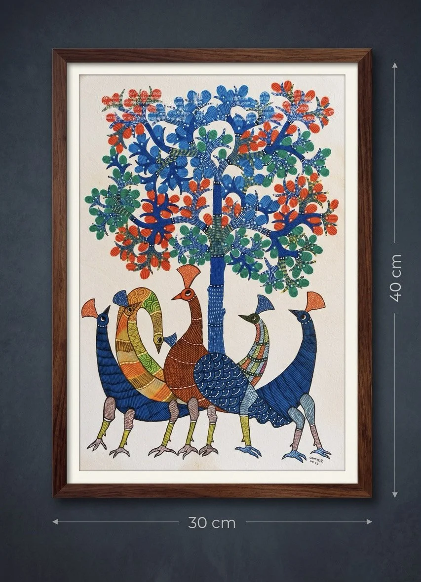 Gond Painting Peacocks and Flowering Tree