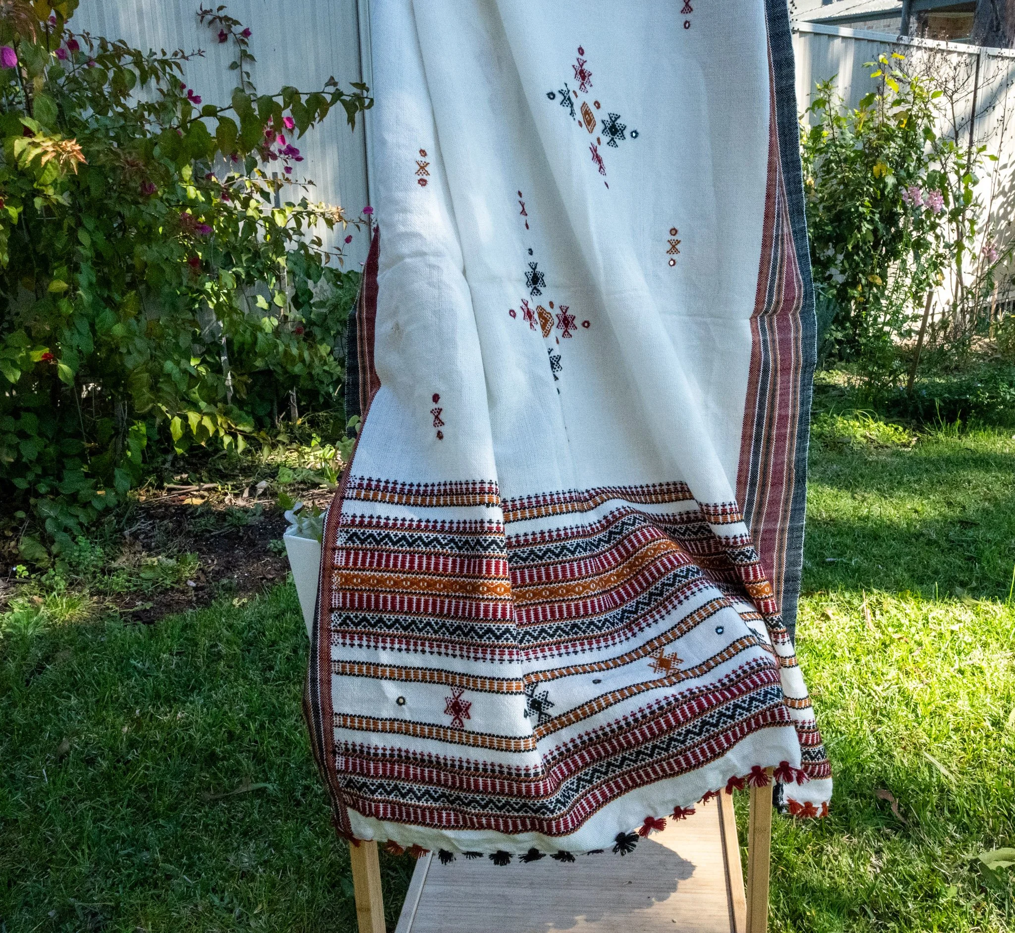 Handwoven Bhujodi Wool Shawl Ivory with Kutch Motifs and Mirror Work