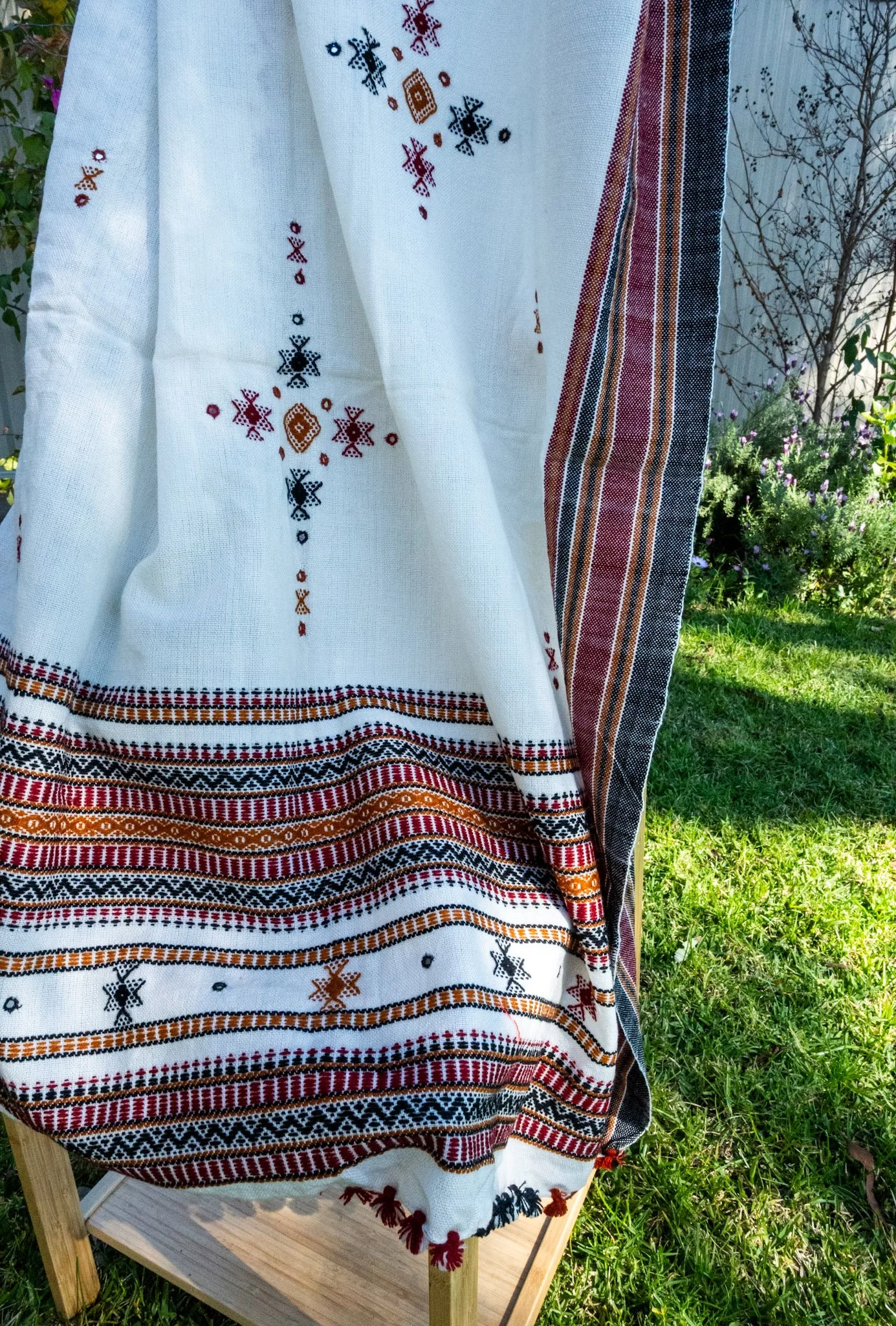 Handwoven Bhujodi Wool Shawl Ivory with Kutch Motifs and Mirror Work