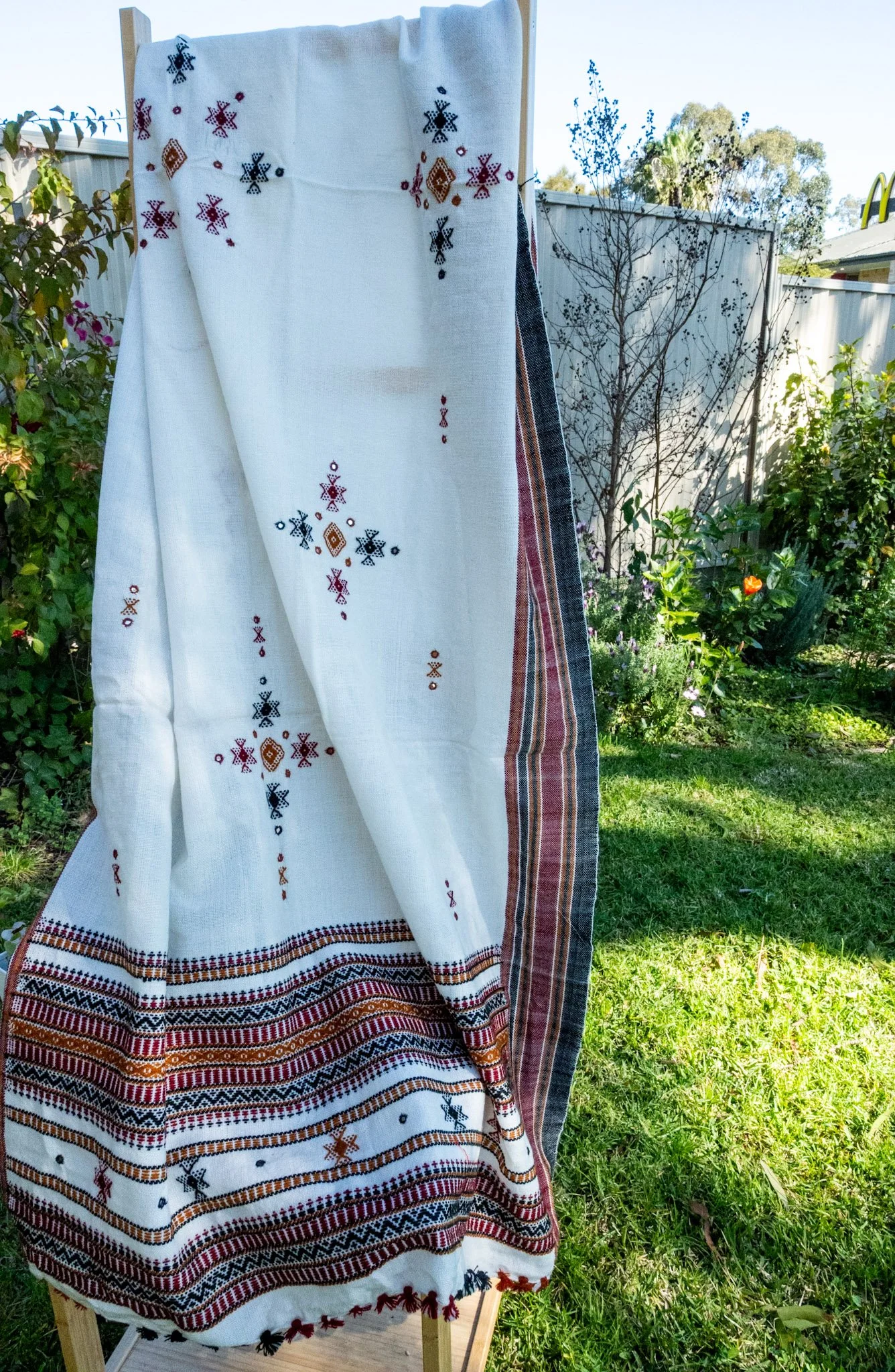 Handwoven Bhujodi Wool Shawl Ivory with Kutch Motifs and Mirror Work