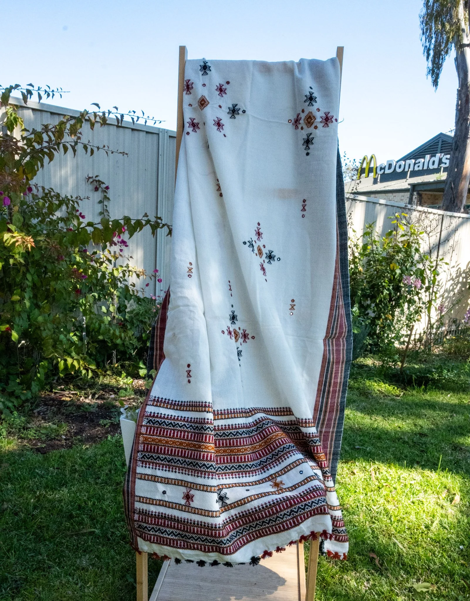 Handwoven Bhujodi Wool Shawl Ivory with Kutch Motifs and Mirror Work