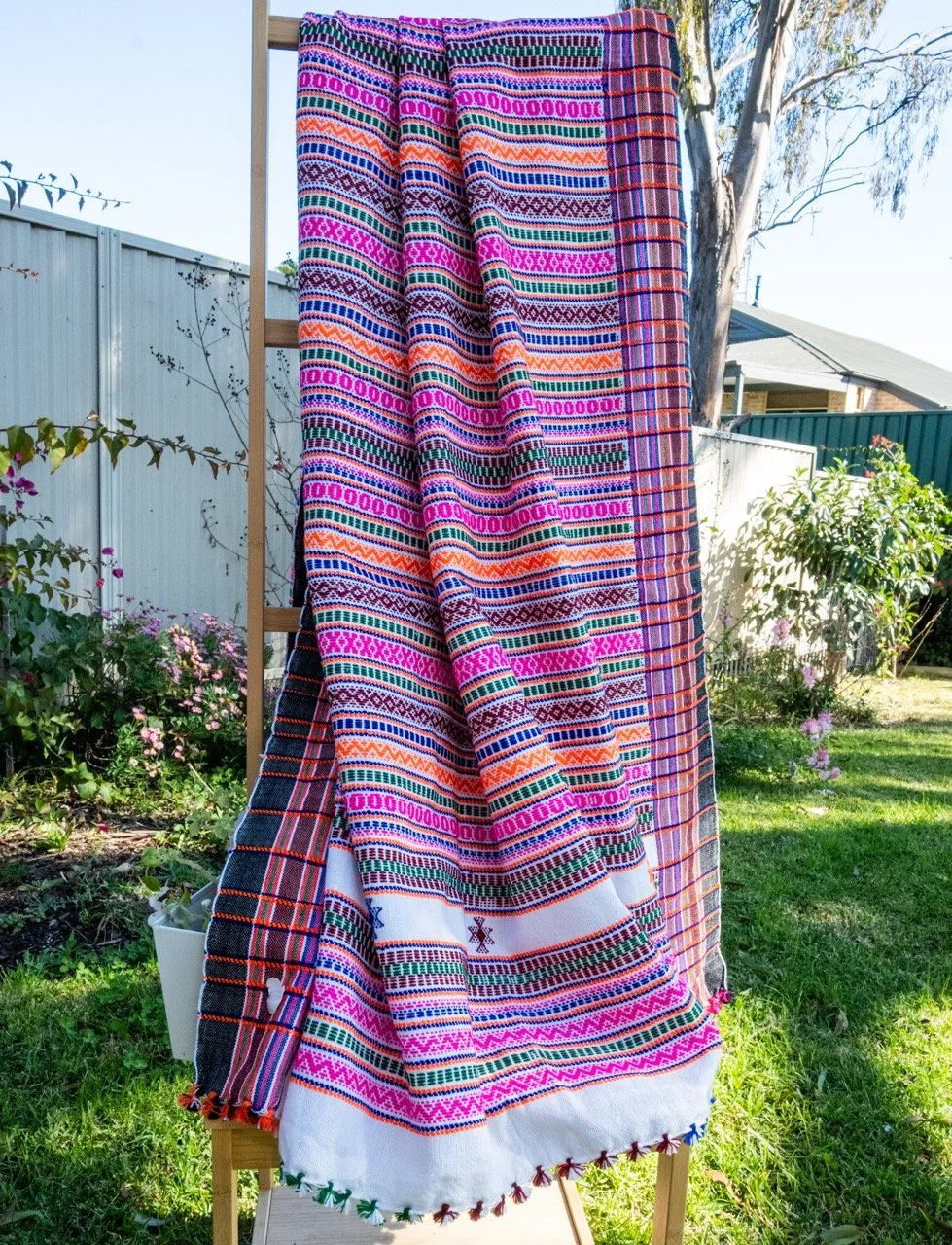 Handwoven Bhujodi Wool Shawl Multicoloured Stripes in Pink and Orange