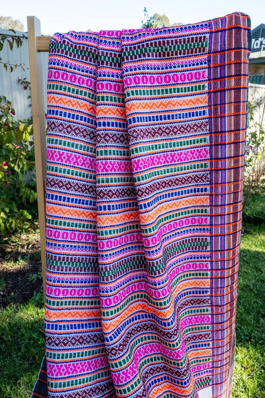 Handwoven Bhujodi Wool Shawl Multicoloured Stripes in Pink and Orange