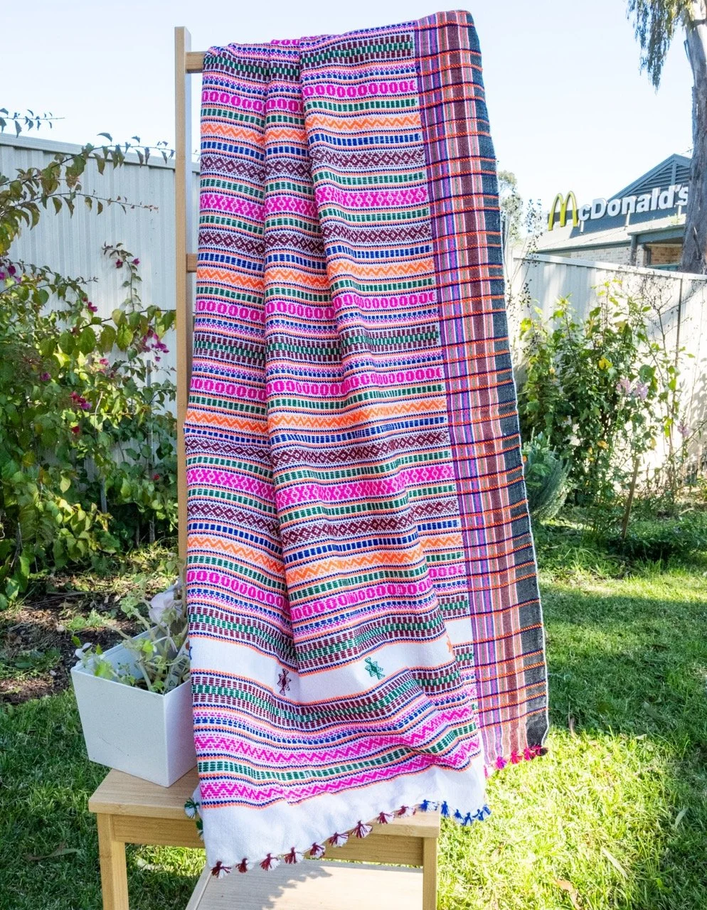 Handwoven Bhujodi Wool Shawl Multicoloured Stripes in Pink and Orange