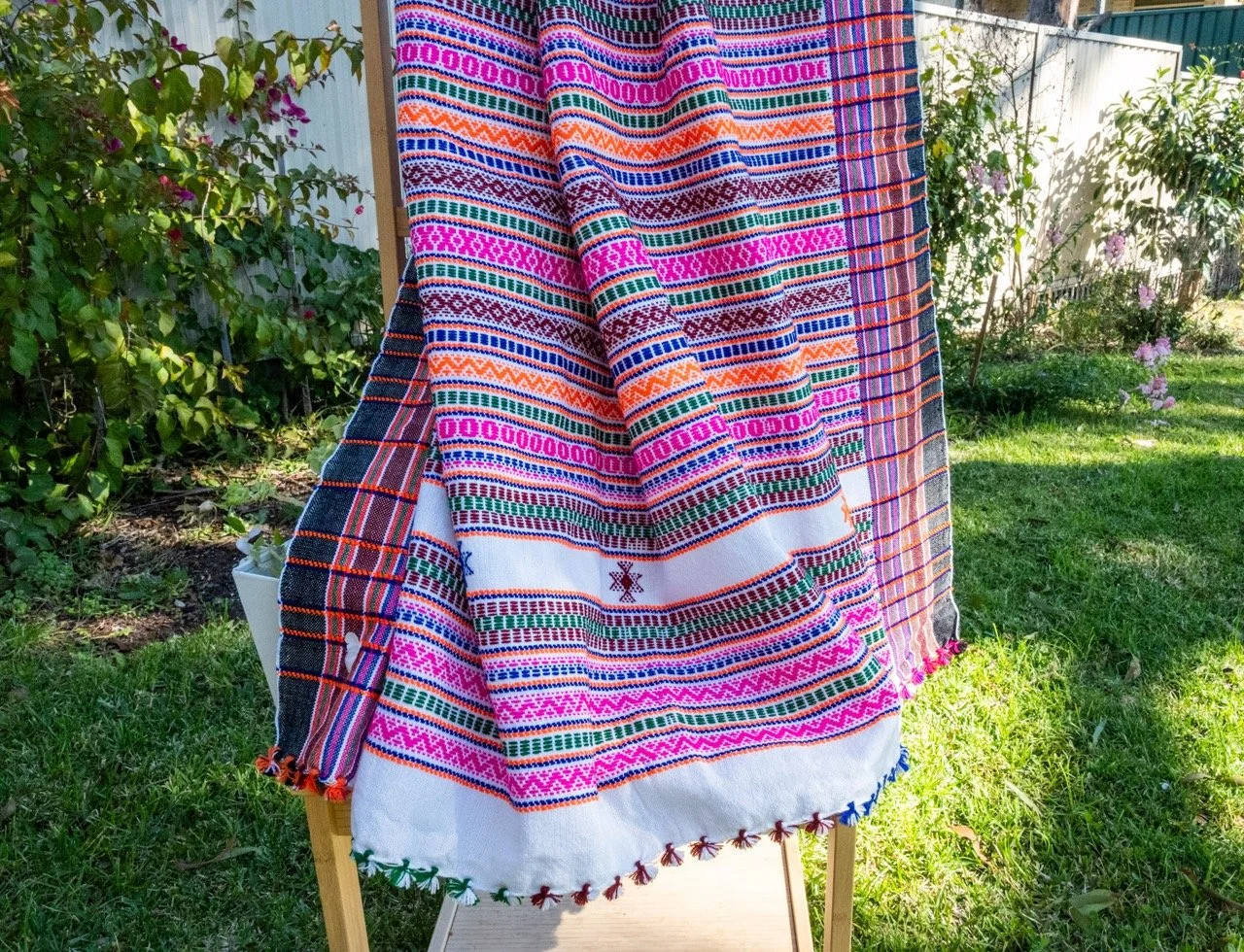 Handwoven Bhujodi Wool Shawl Multicoloured Stripes in Pink and Orange