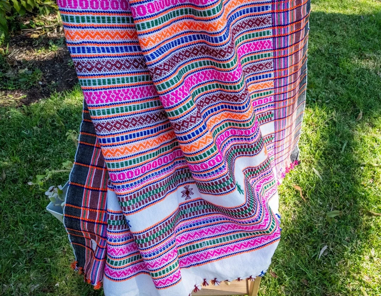 Handwoven Bhujodi Wool Shawl Multicoloured Stripes in Pink and Orange