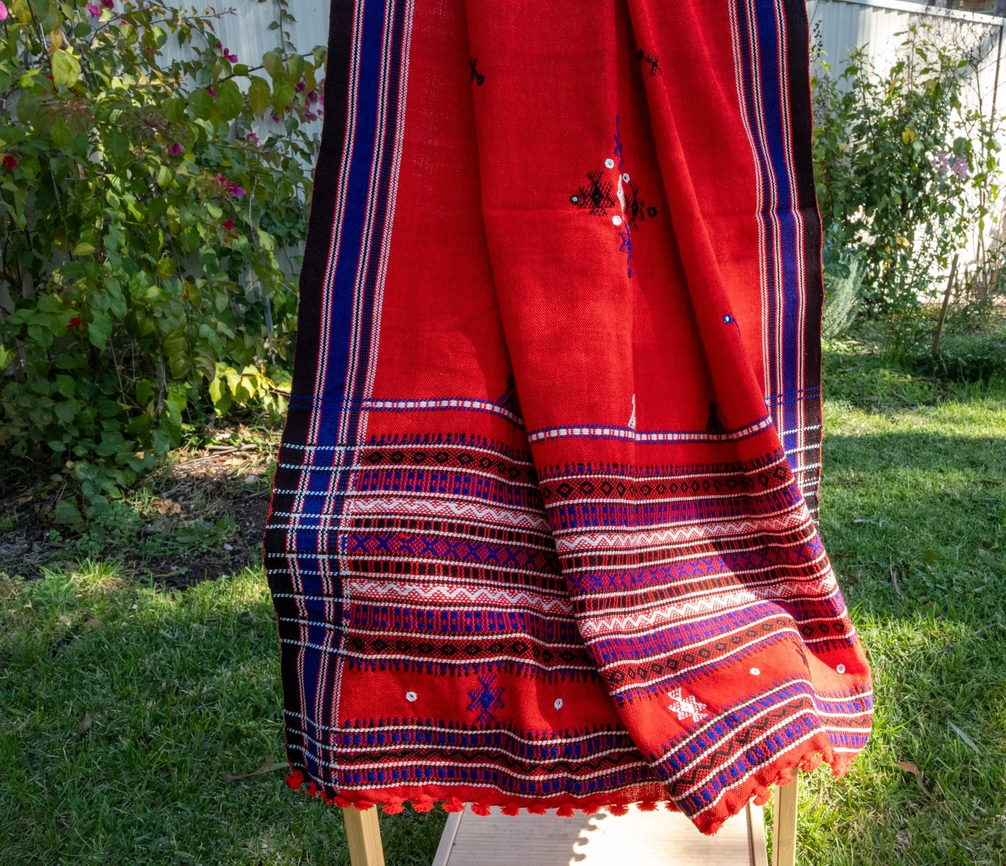 Handwoven Bhujodi Wool Shawl Red with Blue Kutch Motifs and Mirror Work