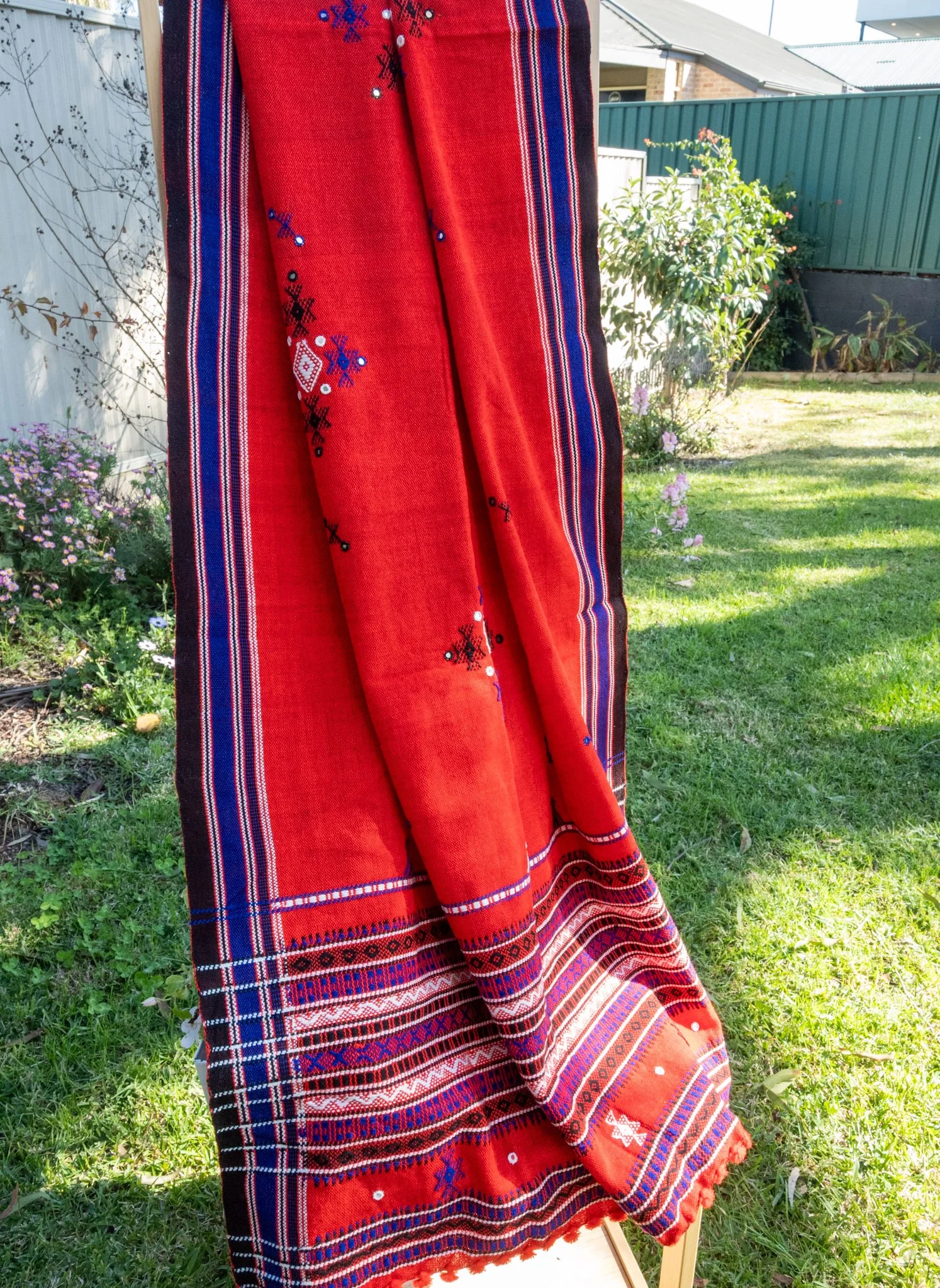 Handwoven Bhujodi Wool Shawl Red with Blue Kutch Motifs and Mirror Work