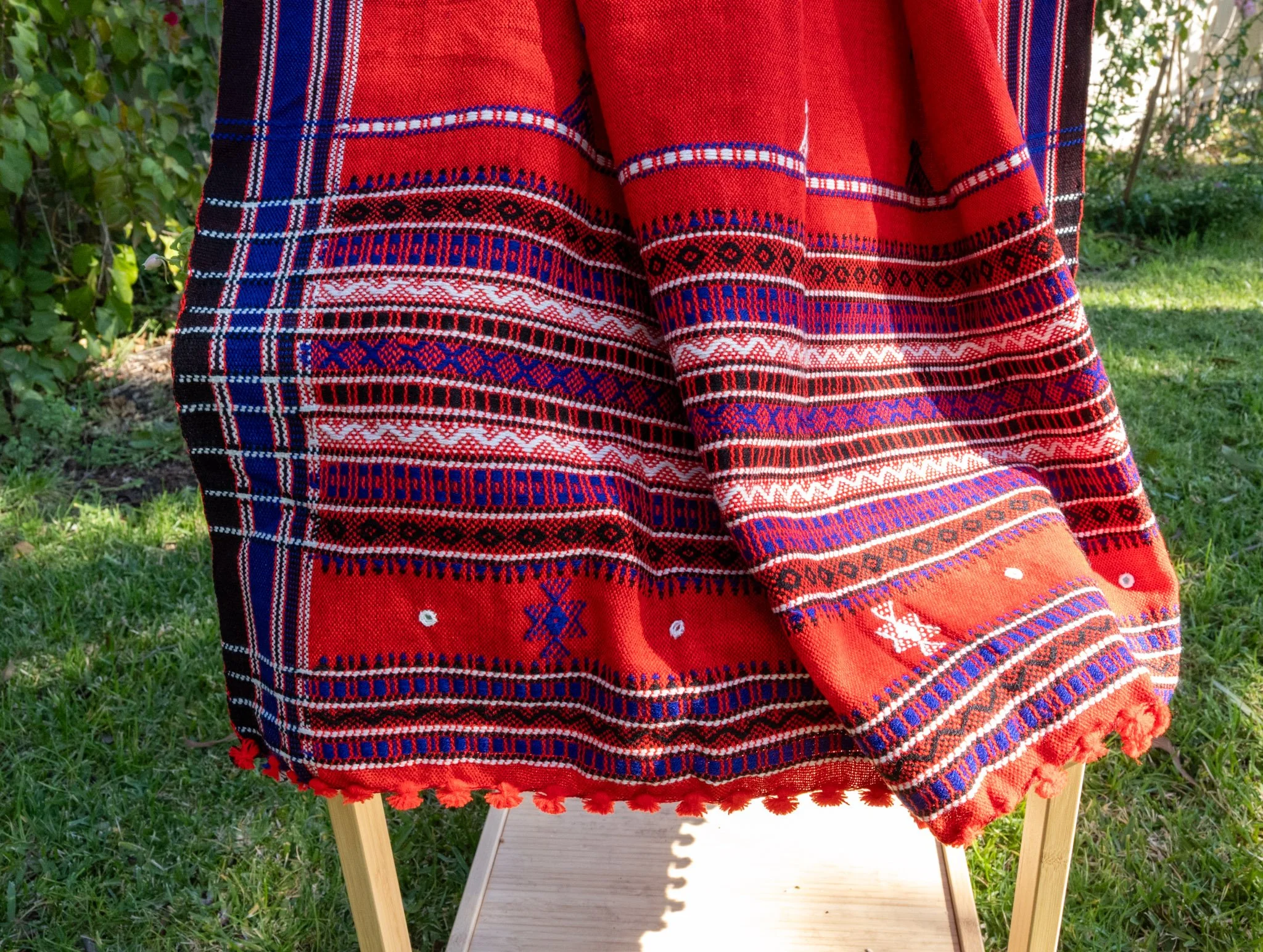 Handwoven Bhujodi Wool Shawl Red with Blue Kutch Motifs and Mirror Work
