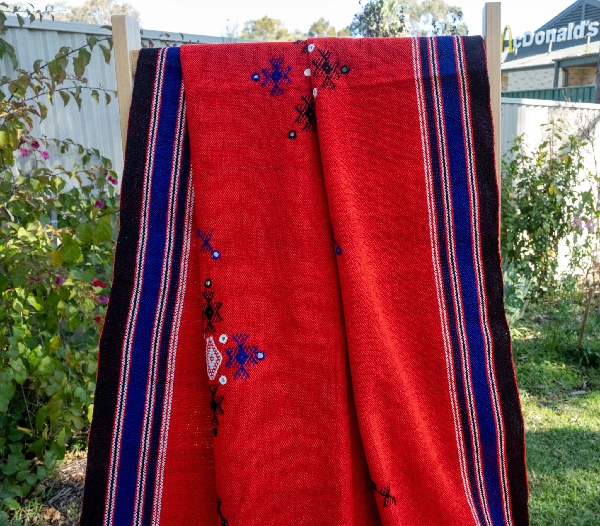 Handwoven Bhujodi Wool Shawl Red with Blue Kutch Motifs and Mirror Work