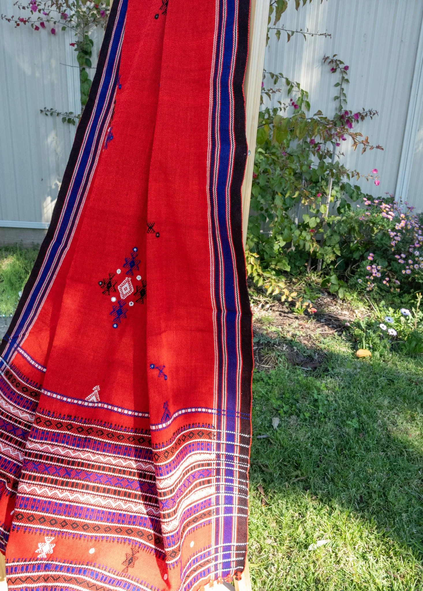 Handwoven Bhujodi Wool Shawl Red with Blue Kutch Motifs and Mirror Work