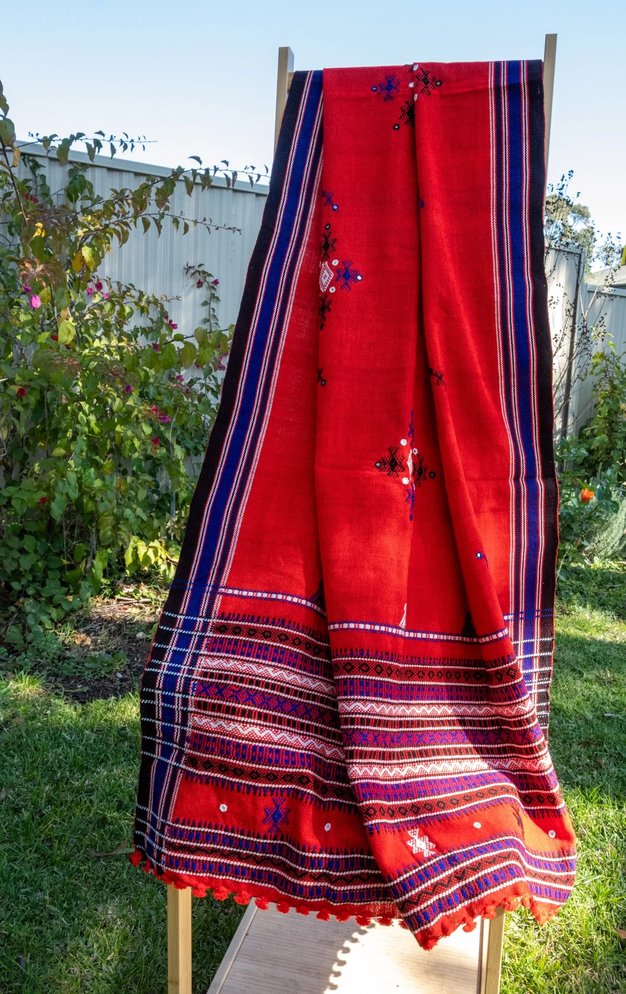 Handwoven Bhujodi Wool Shawl Red with Blue Kutch Motifs and Mirror Work