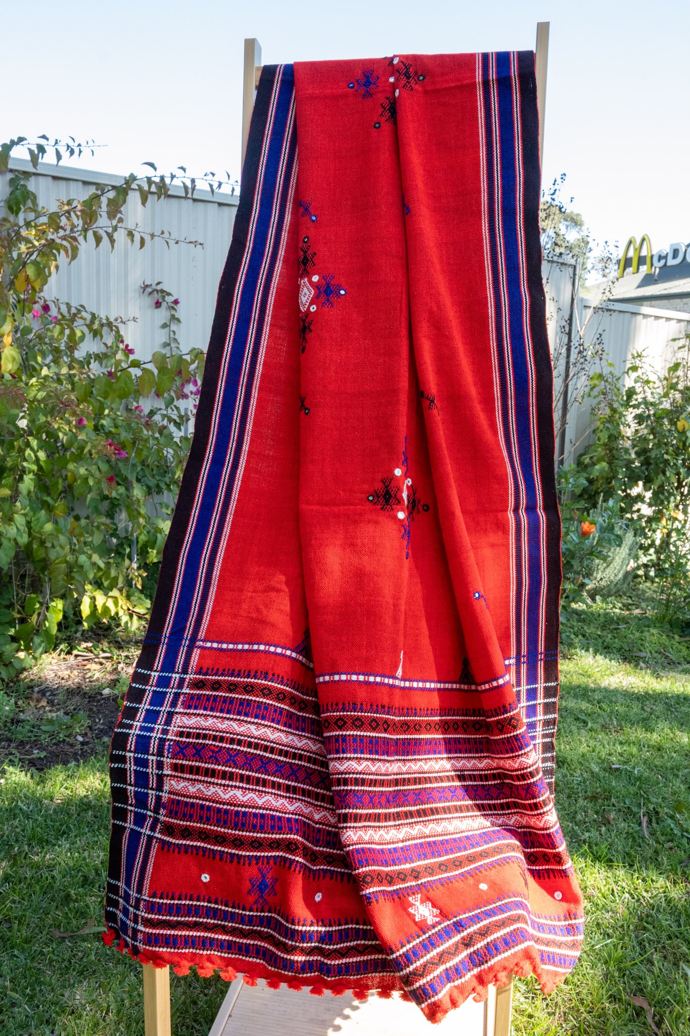 Handwoven Bhujodi Wool Shawl Red with Blue Kutch Motifs and Mirror Work