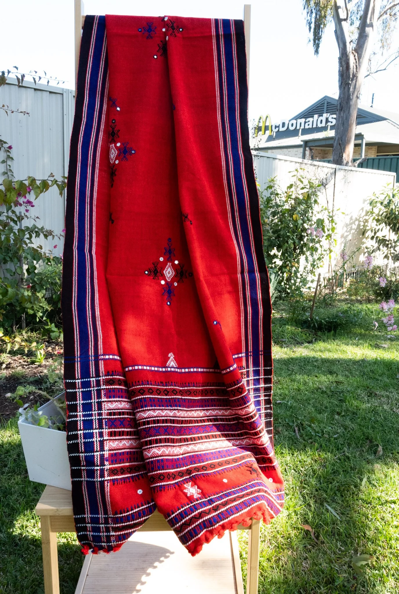 Handwoven Bhujodi Wool Shawl Red with Blue Kutch Motifs and Mirror Work