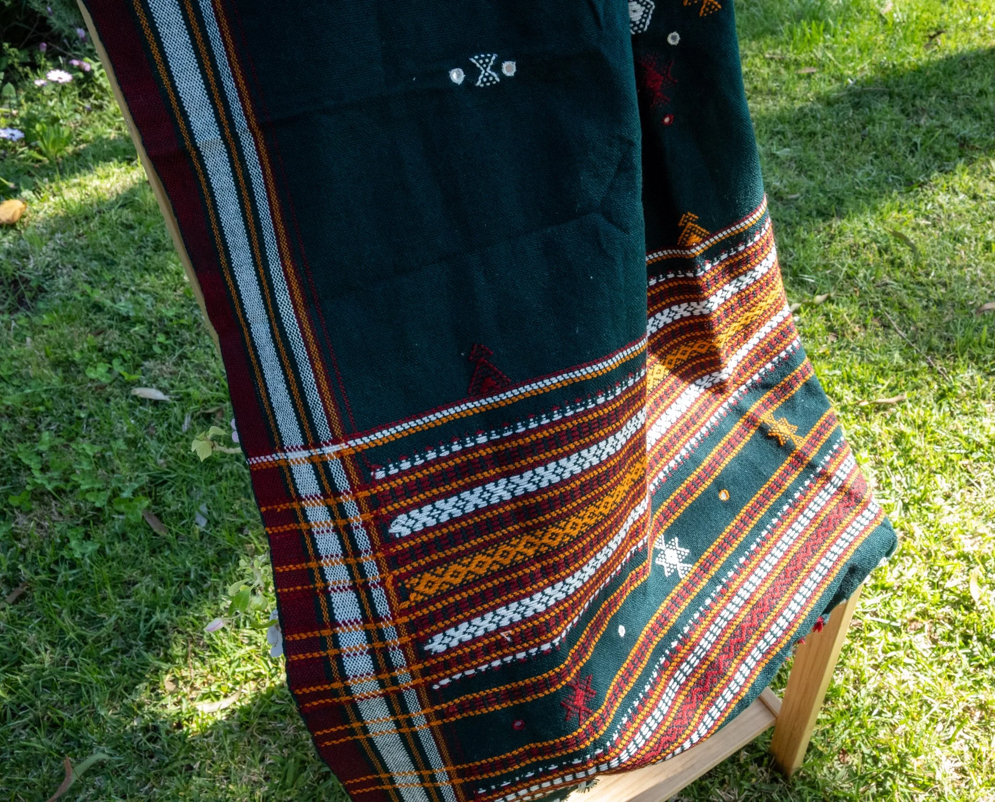 Handwoven Bhujodi Wool Shawl Teal Green with Kutch Motifs and Mirror Work