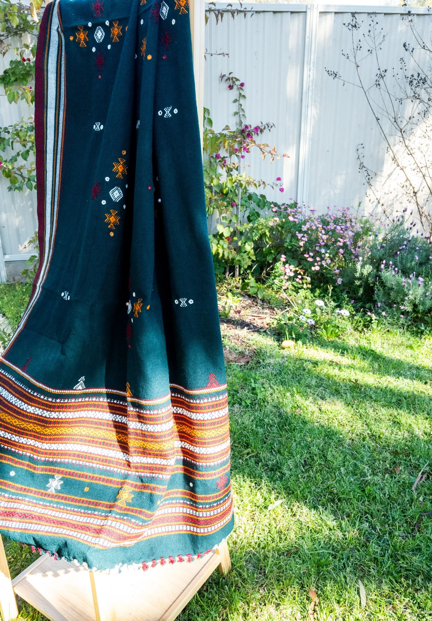 Handwoven Bhujodi Wool Shawl Teal Green with Kutch Motifs and Mirror Work