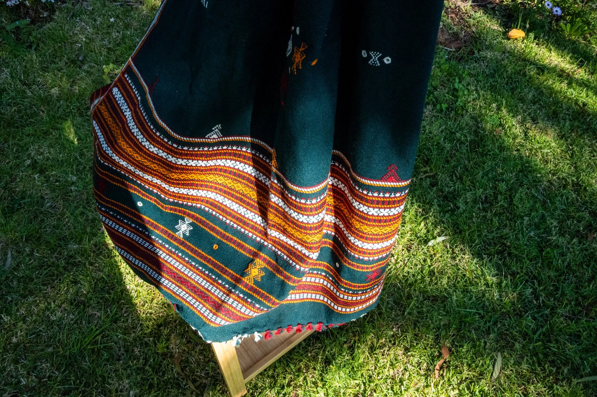 Handwoven Bhujodi Wool Shawl Teal Green with Kutch Motifs and Mirror Work