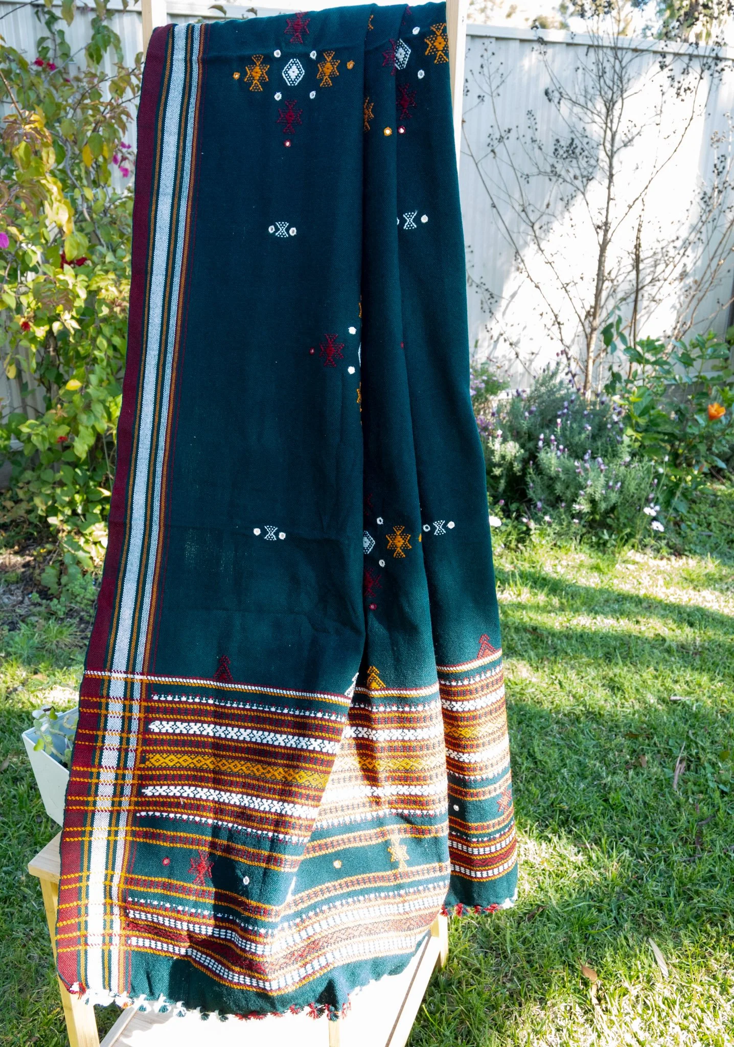 Handwoven Bhujodi Wool Shawl Teal Green with Kutch Motifs and Mirror Work
