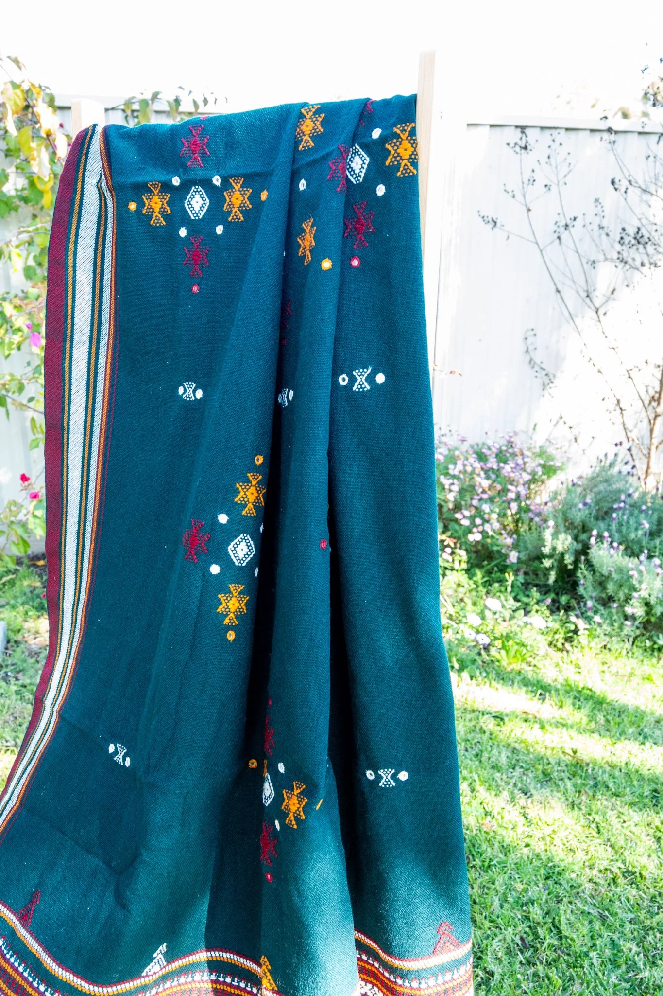 Handwoven Bhujodi Wool Shawl Teal Green with Kutch Motifs and Mirror Work