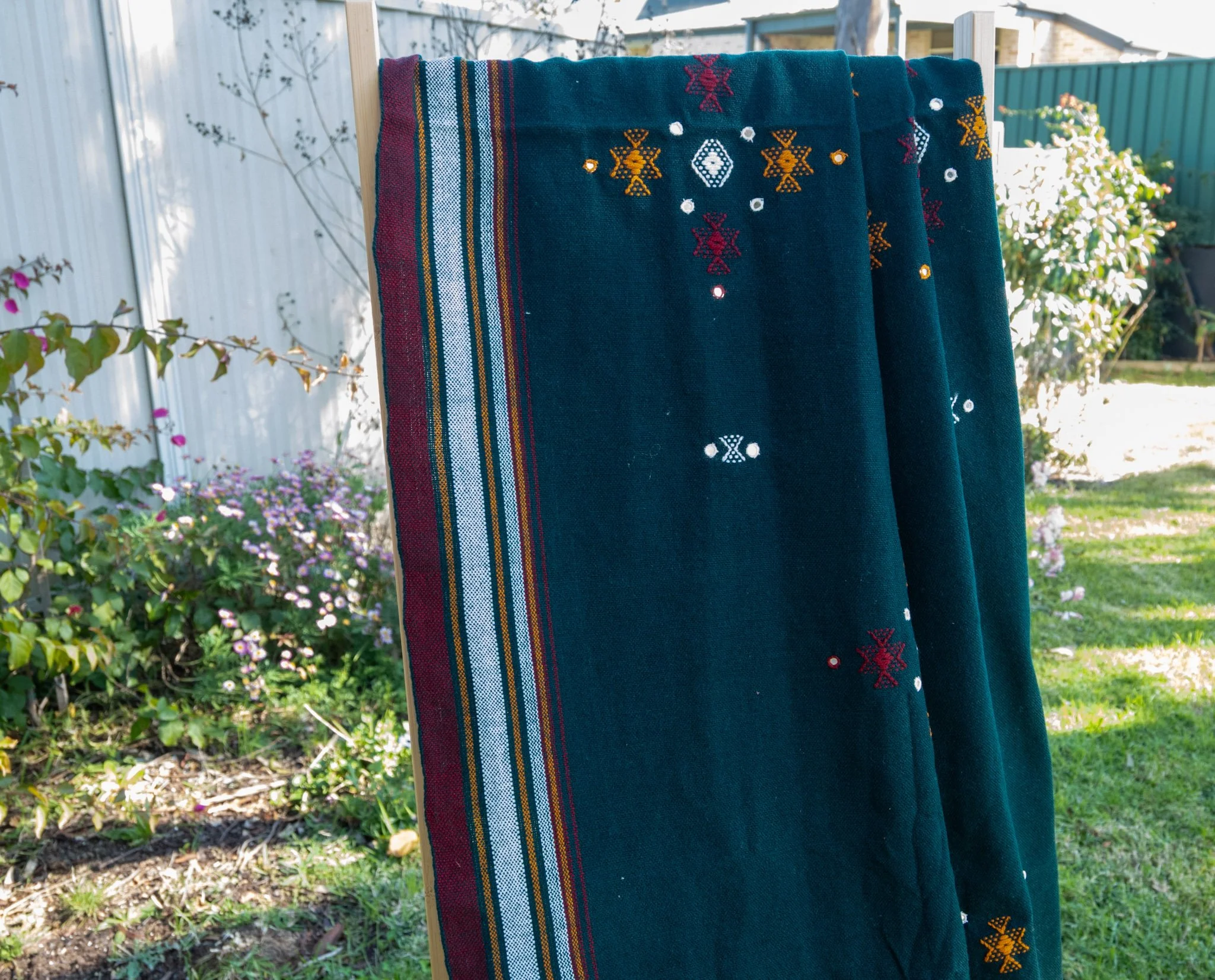 Handwoven Bhujodi Wool Shawl Teal Green with Kutch Motifs and Mirror Work
