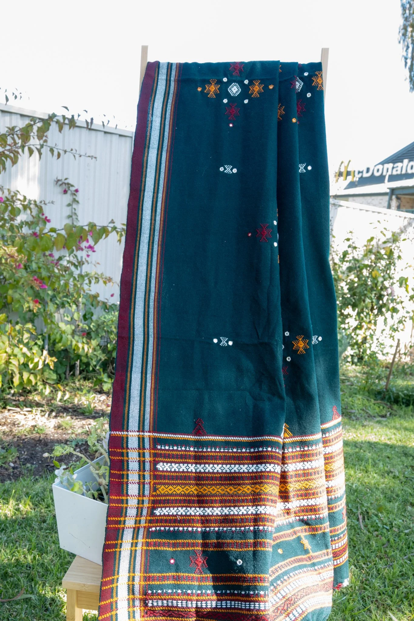 Handwoven Bhujodi Wool Shawl Teal Green with Kutch Motifs and Mirror Work