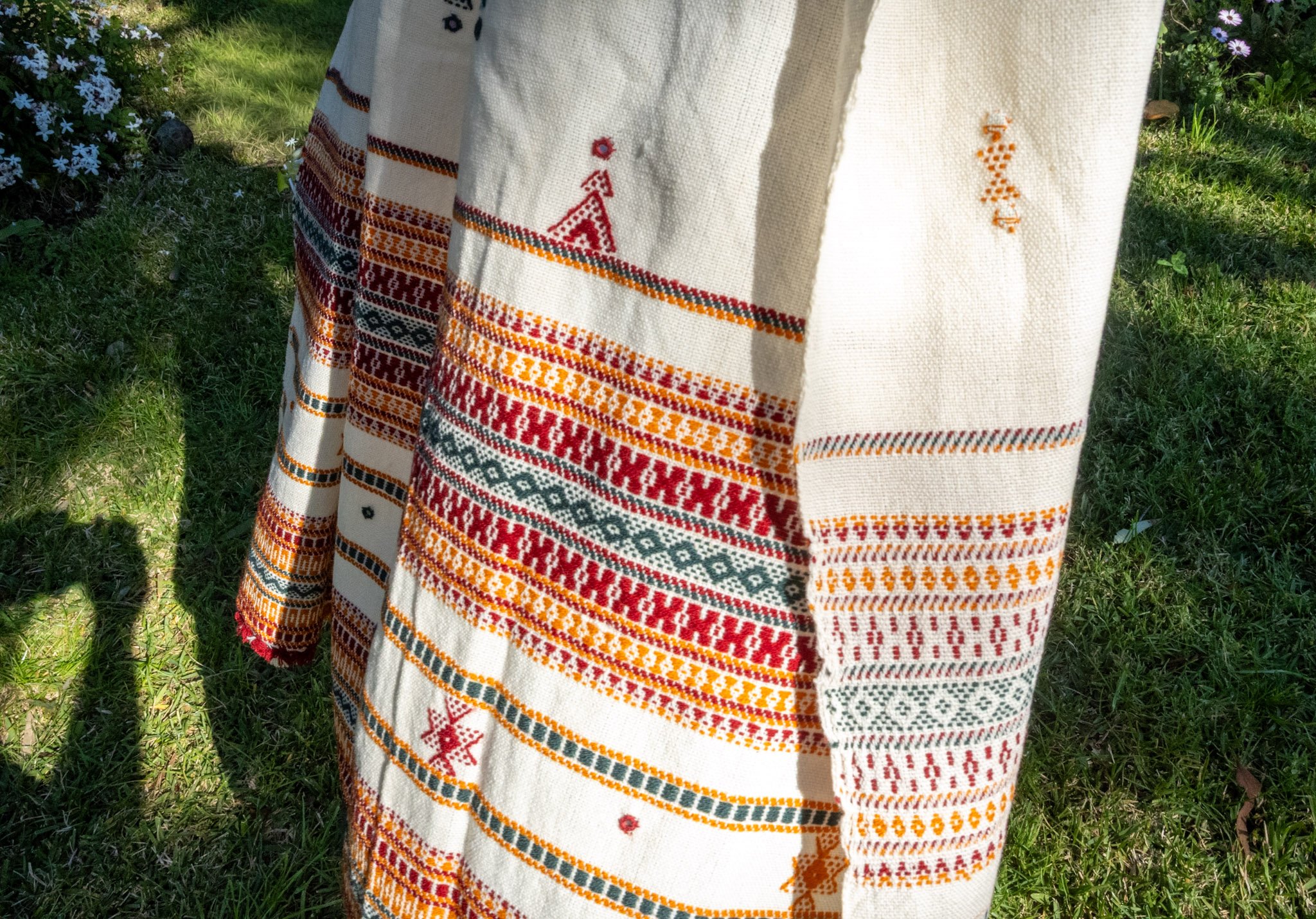 Handwoven Bhujodi Wool Shawl Ivory with Green and Ochre Kutch Motifs