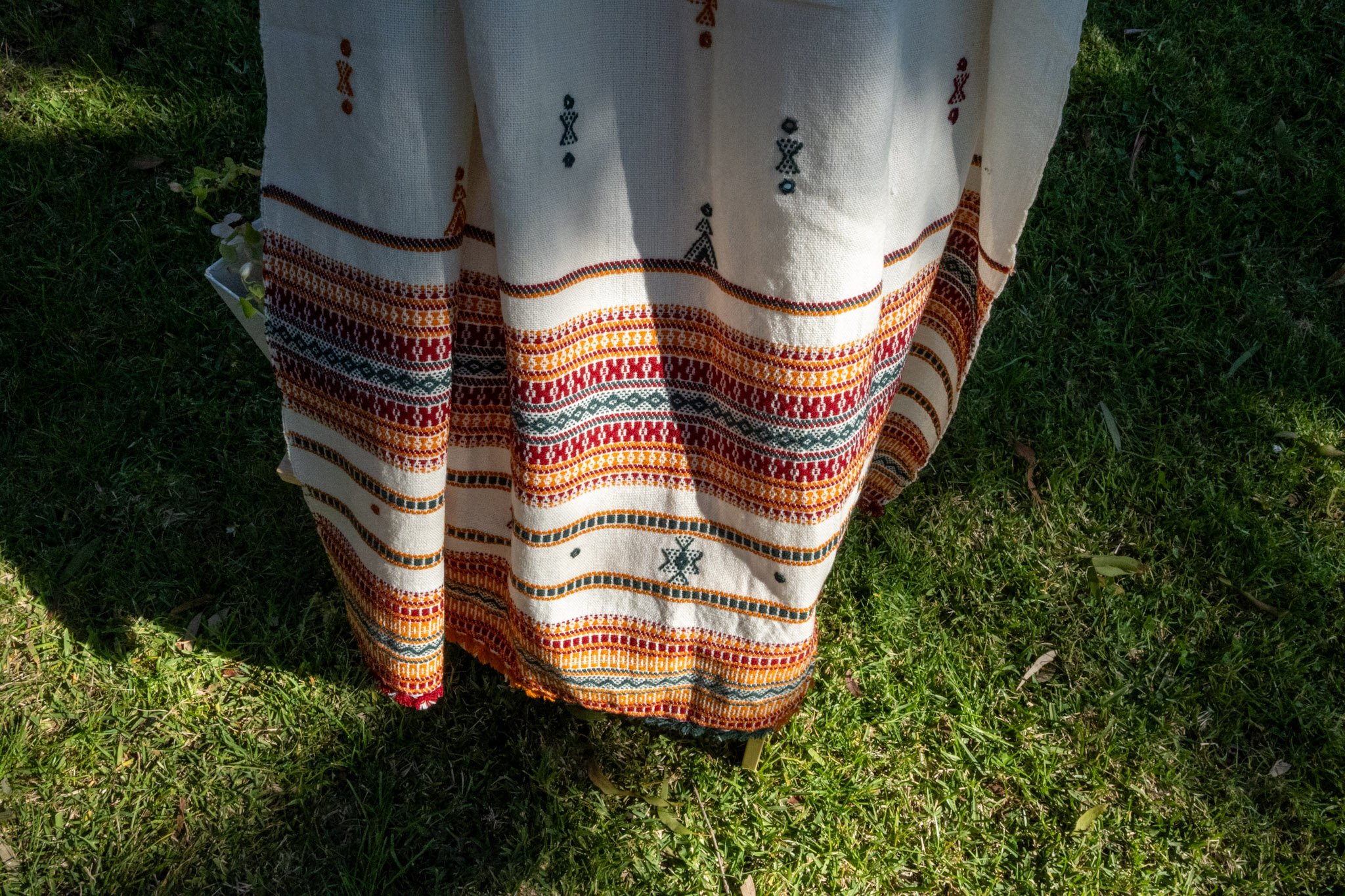 Handwoven Bhujodi Wool Shawl Ivory with Green and Ochre Kutch Motifs