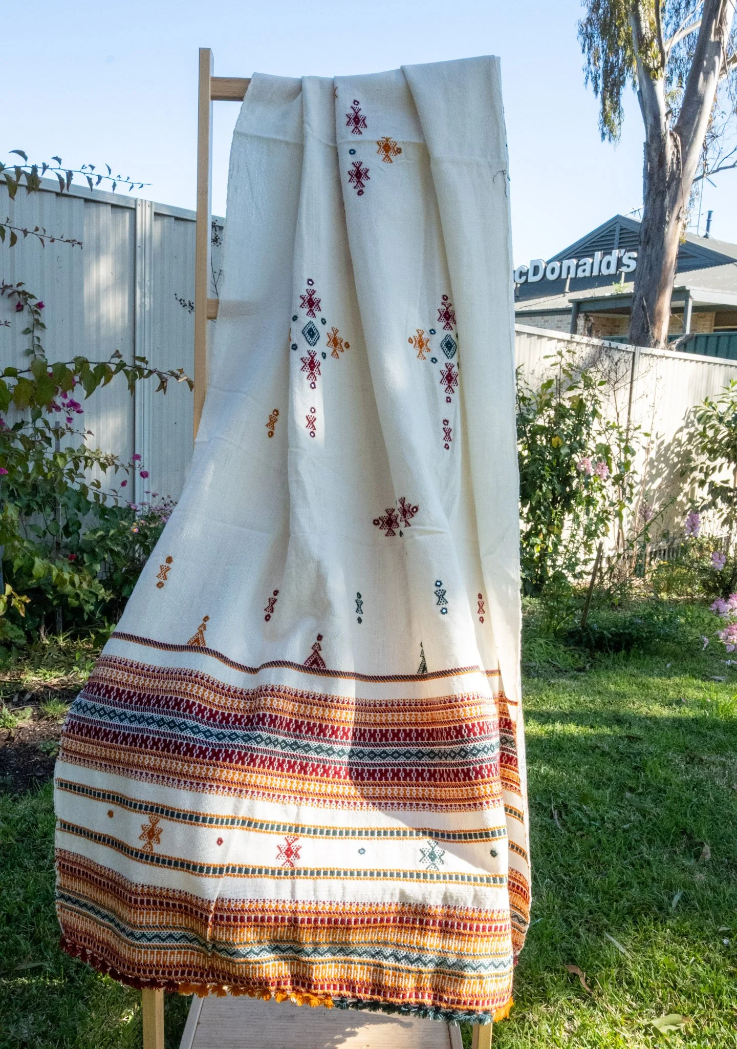 Handwoven Bhujodi Wool Shawl Ivory with Green and Ochre Kutch Motifs