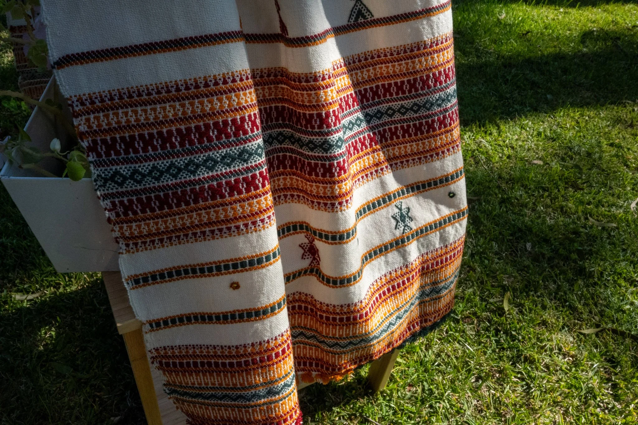 Handwoven Bhujodi Wool Shawl Ivory with Green and Ochre Kutch Motifs