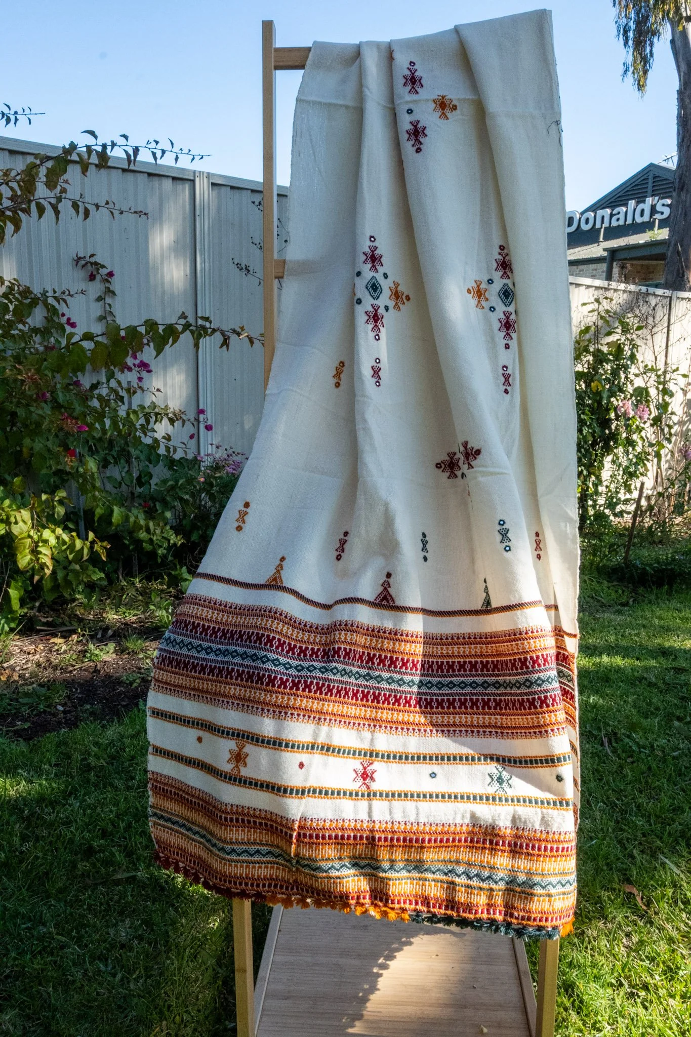 Handwoven Bhujodi Wool Shawl Ivory with Green and Ochre Kutch Motifs