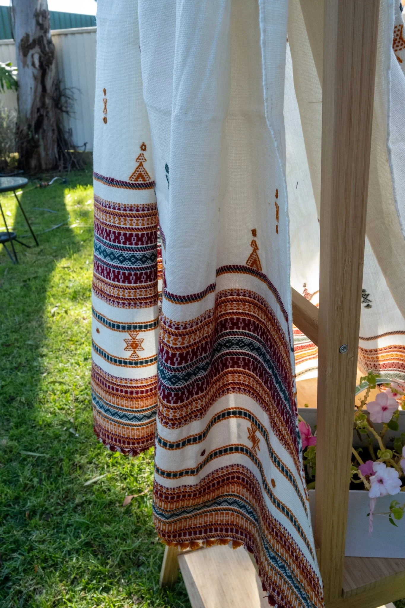 Handwoven Bhujodi Wool Shawl Ivory with Green and Ochre Kutch Motifs