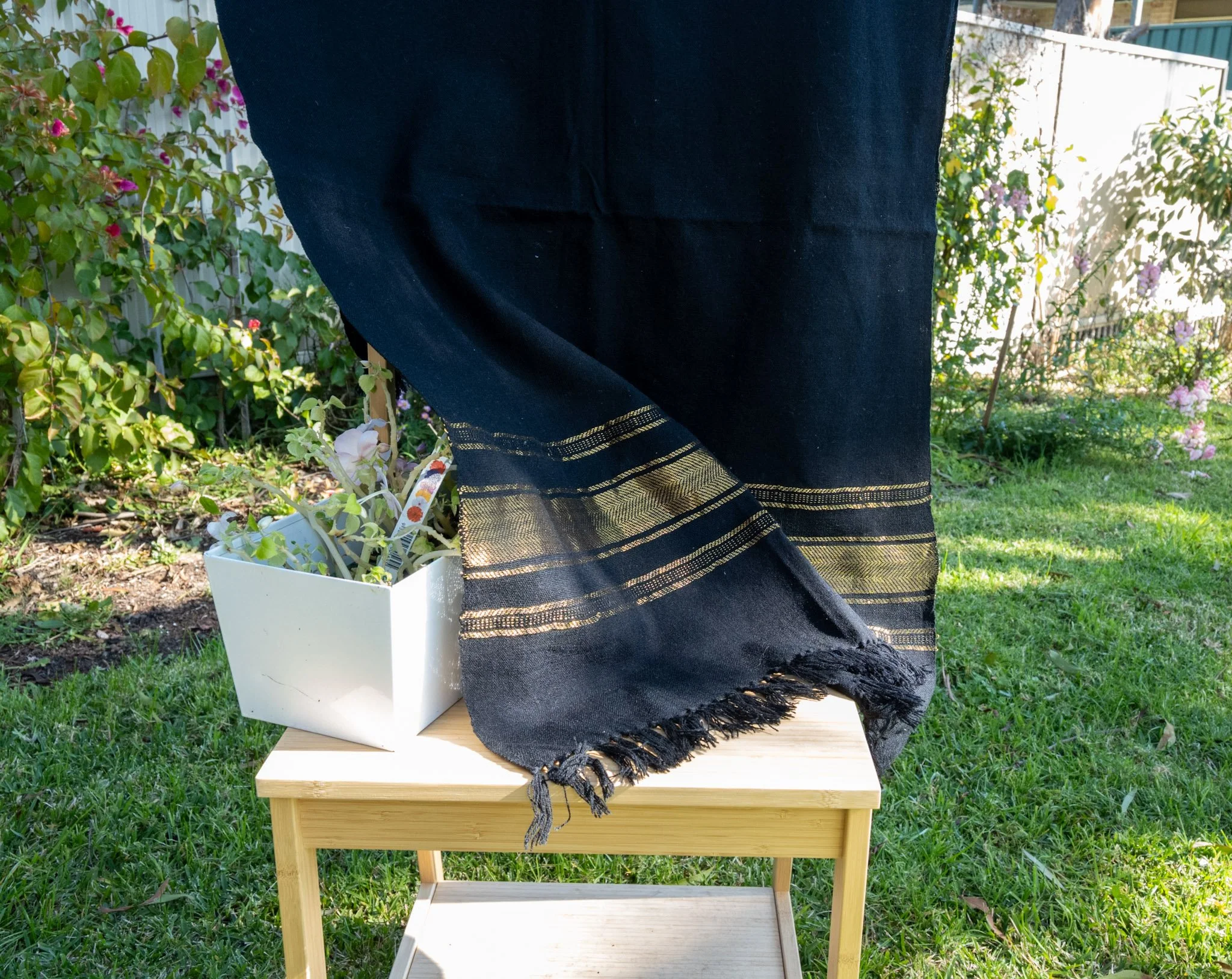 Handwoven Bhujodi Wool Shawl Black with Gold Stripe Borders