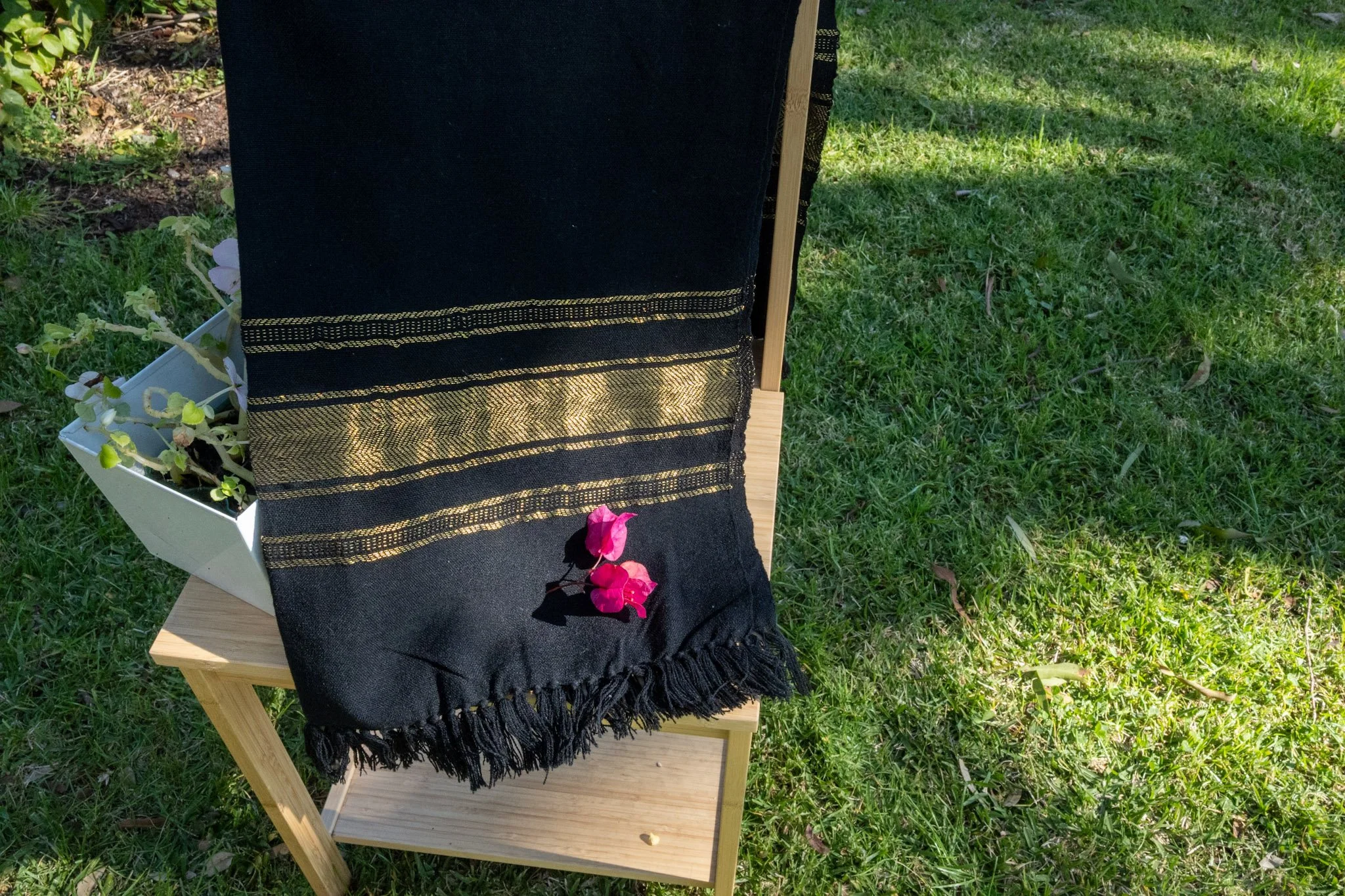 Handwoven Bhujodi Wool Shawl Black with Gold Stripe Borders