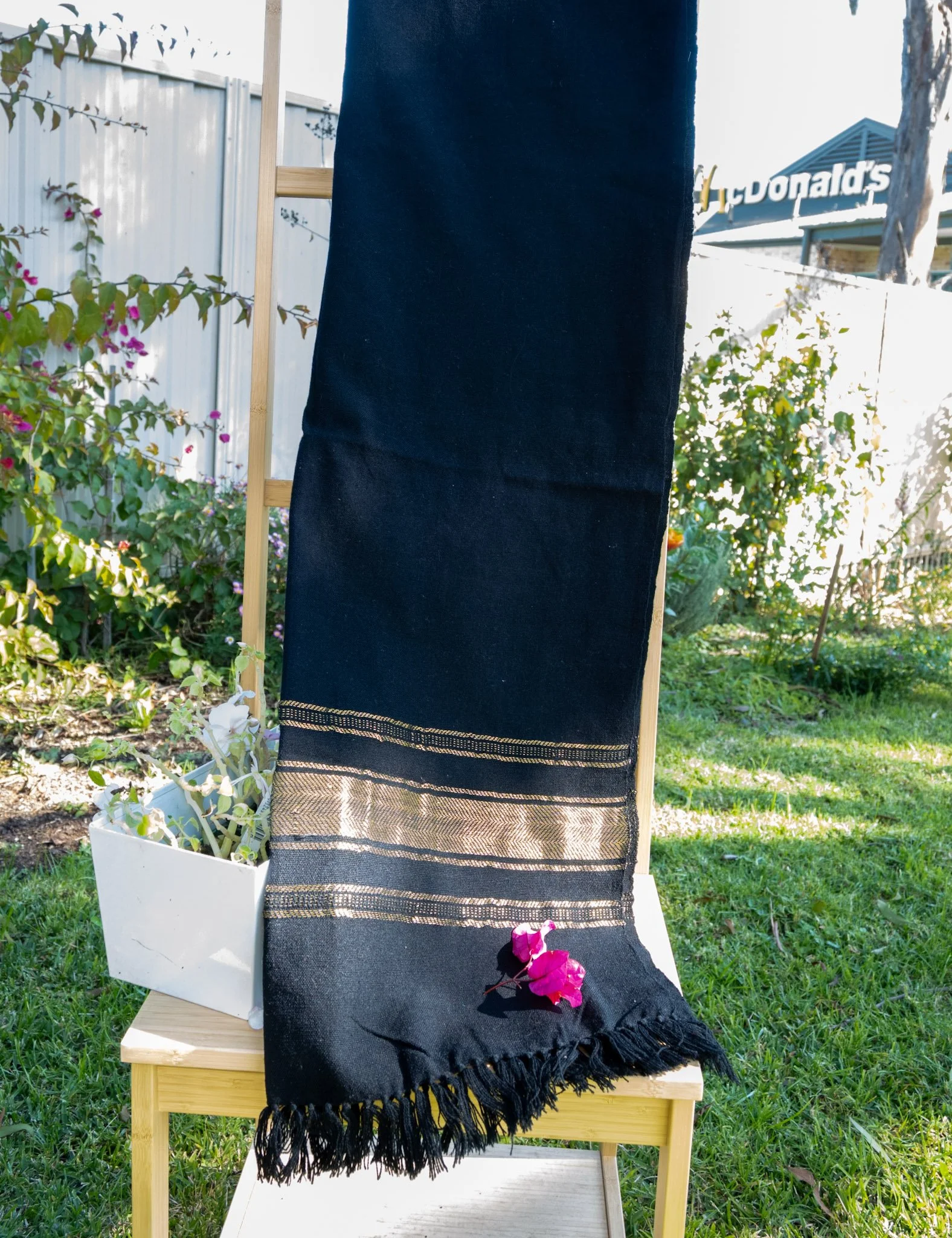 Handwoven Bhujodi Wool Shawl Black with Gold Stripe Borders