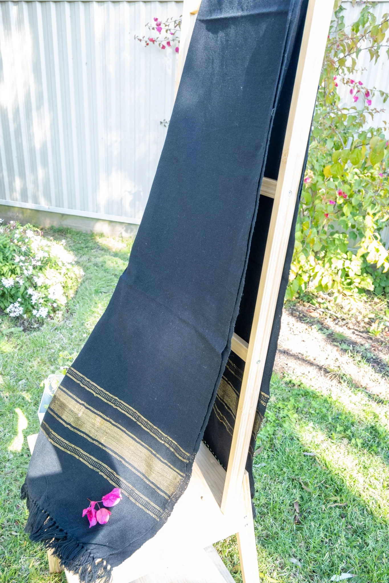 Handwoven Bhujodi Wool Shawl Black with Gold Stripe Borders