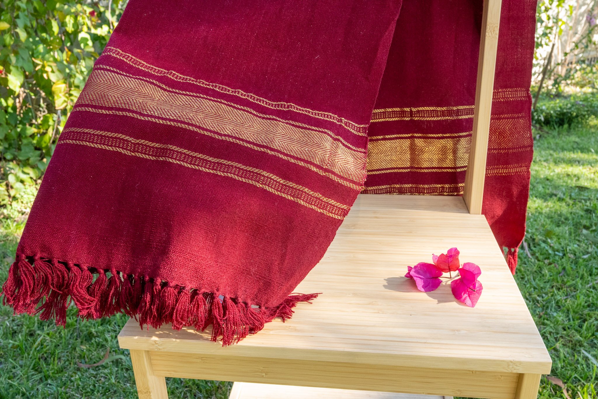 Handwoven Bhujodi Wool Shawl Maroon with Gold Stripe Borders