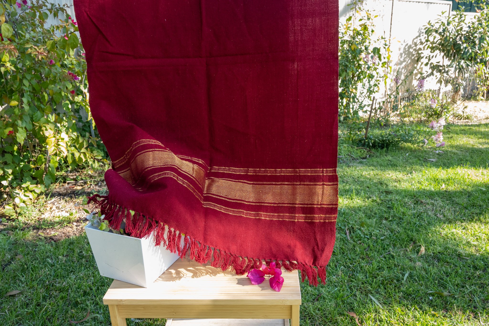 Handwoven Bhujodi Wool Shawl Maroon with Gold Stripe Borders