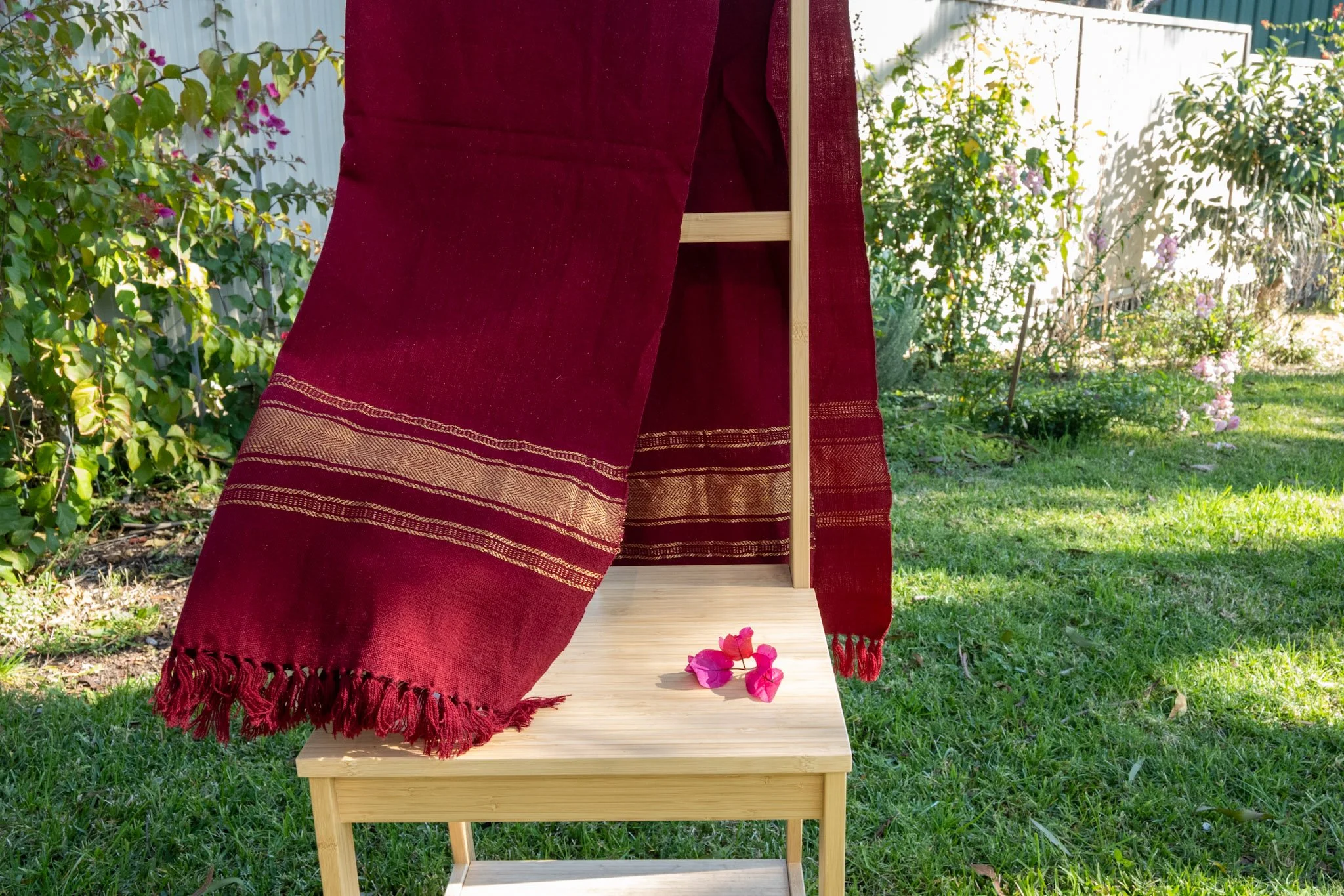 Handwoven Bhujodi Wool Shawl Maroon with Gold Stripe Borders