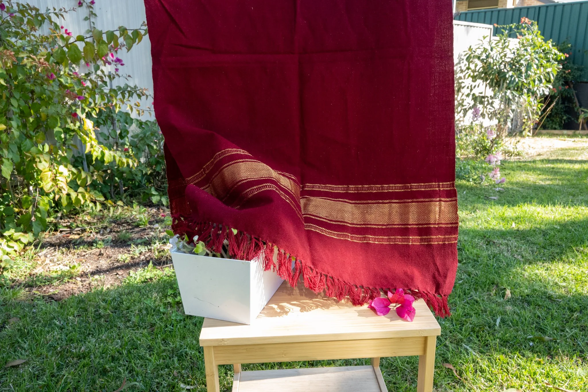 Handwoven Bhujodi Wool Shawl Maroon with Gold Stripe Borders