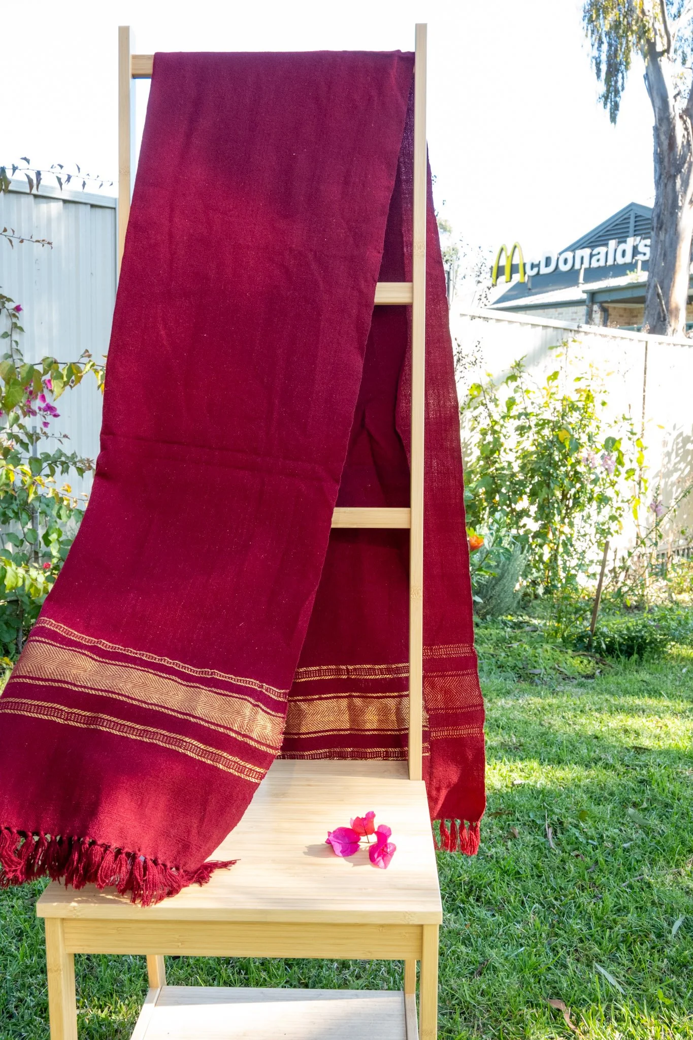 Handwoven Bhujodi Wool Shawl Maroon with Gold Stripe Borders